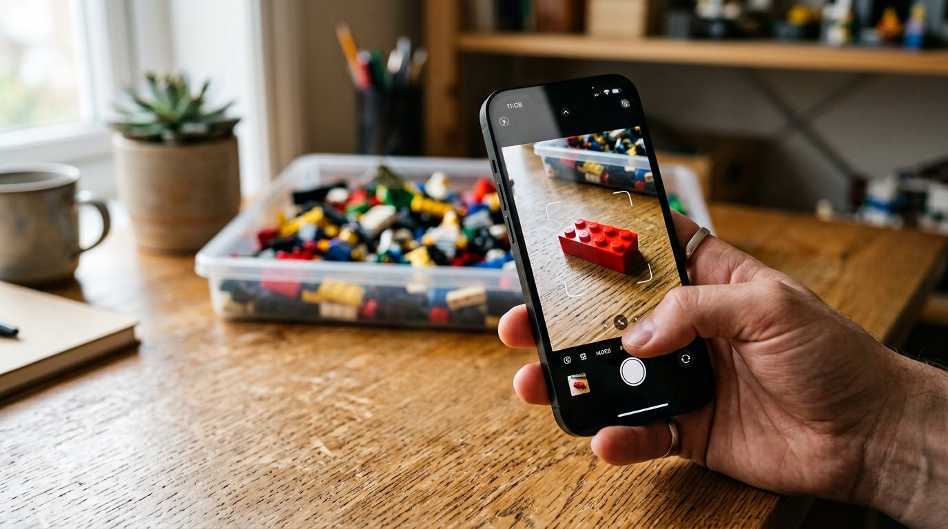 A phone scanning a red LEGO brick with the camera viewfinder