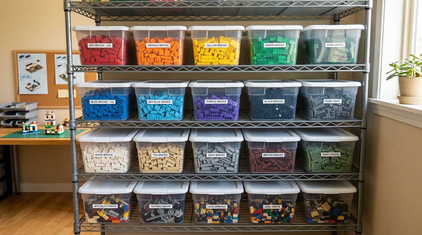 Shelves of labeled bins with LEGO parts sorted by color